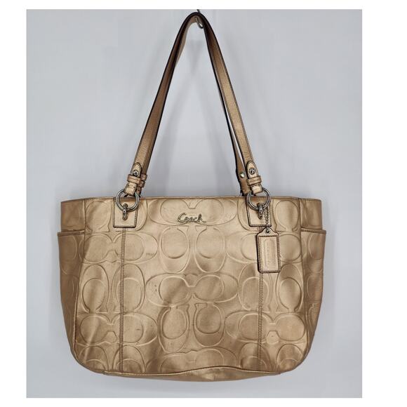 Coach Signature Metallic Gold Leather Tote Bag with Hangtag & Side Pockets - Picture 2 of 16